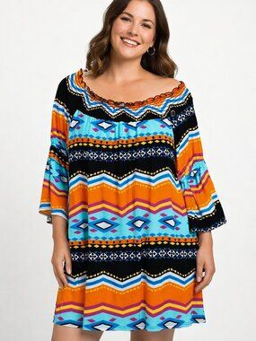 Voll Boho Aztec Tribal Off-Shoulder Bell Sleeve Resort Dress XL Vibrant Print